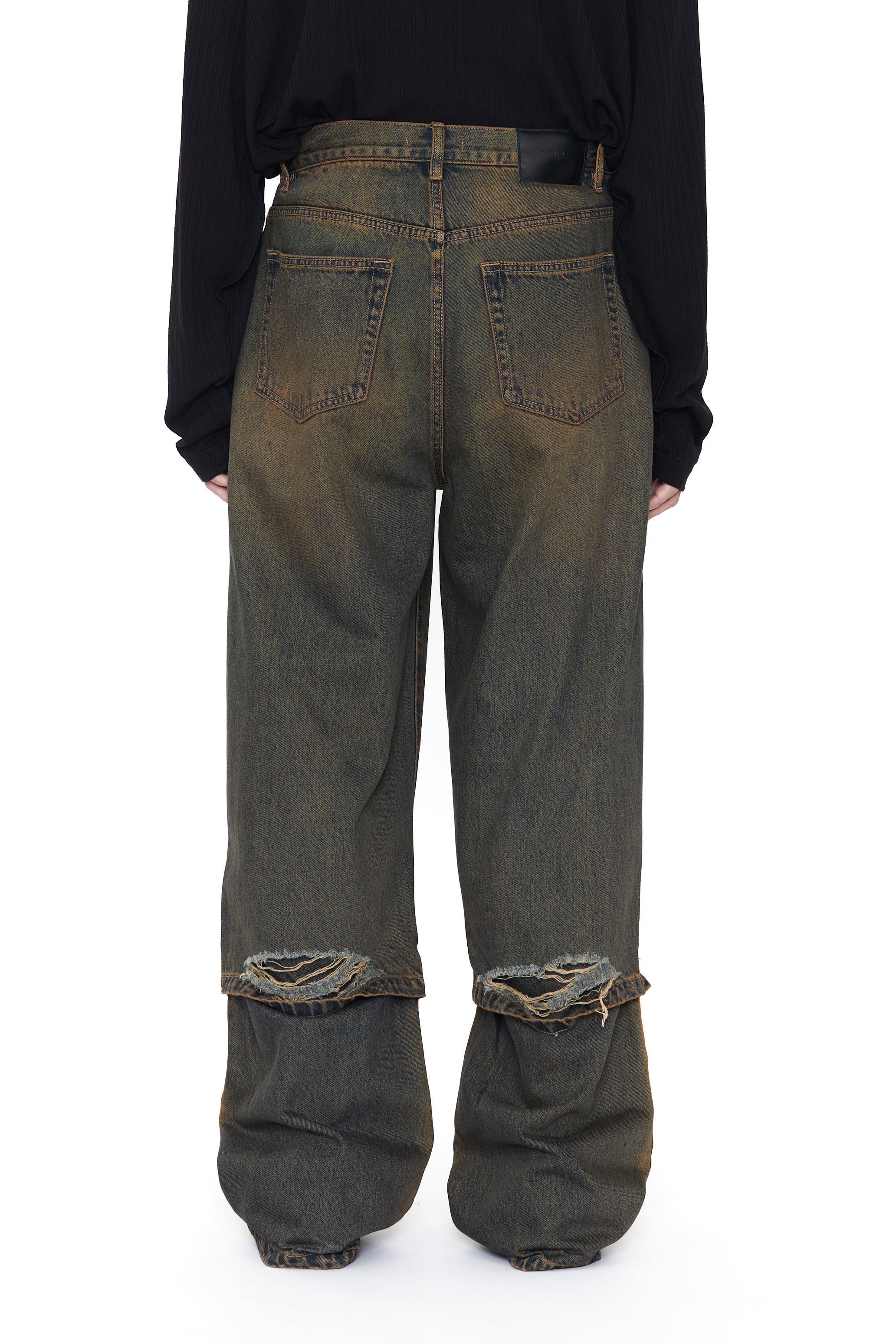 BLACK BROWN WASH LAYERED HYBRID BREAK CUT JEANS