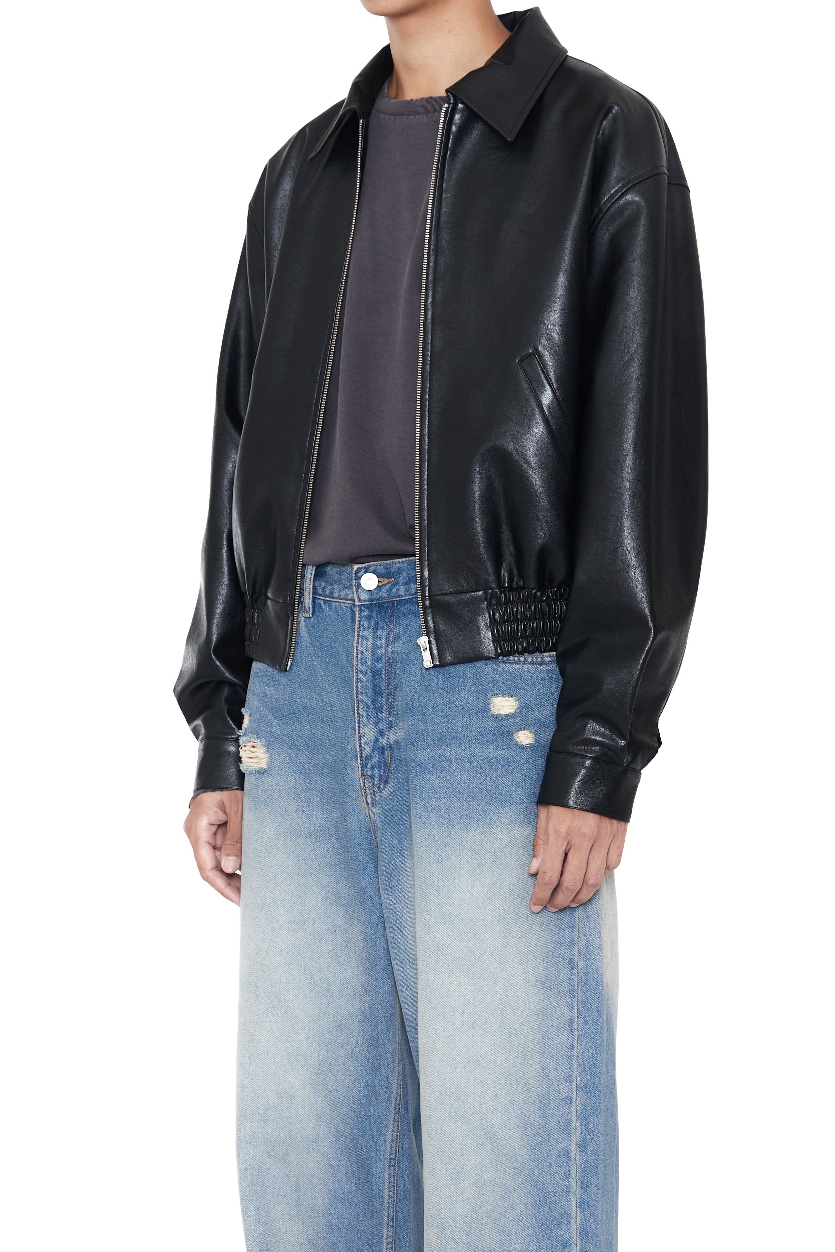 Load image into Gallery viewer, BLACK SYNTHETIC LEATHER SHRUNKEN ZIP JACKET
