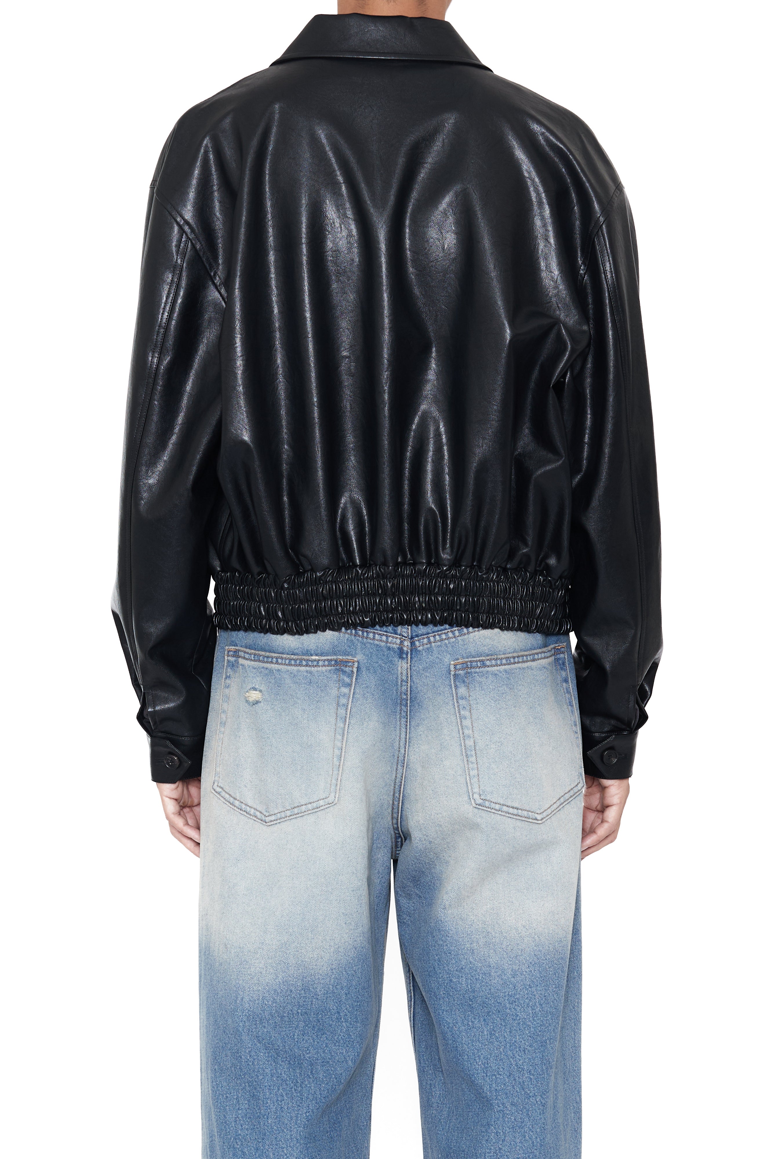 Load image into Gallery viewer, BLACK SYNTHETIC LEATHER SHRUNKEN ZIP JACKET
