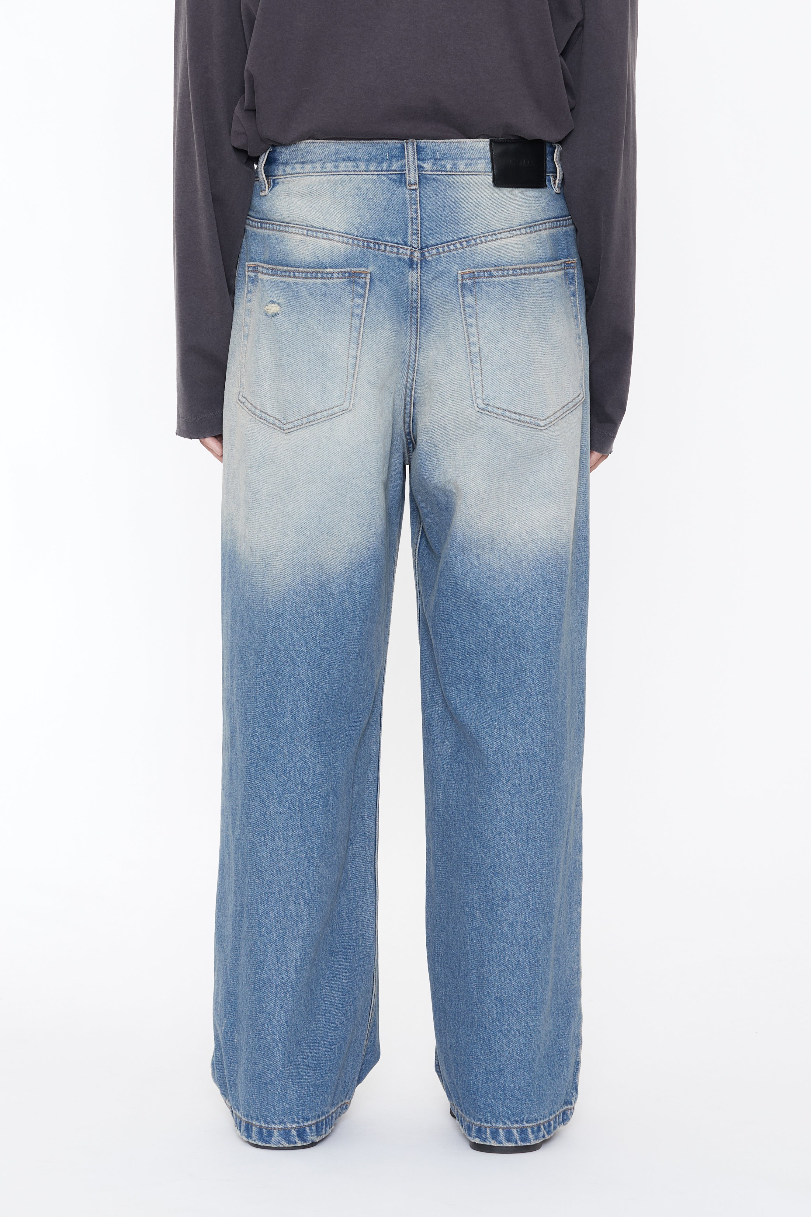 Load image into Gallery viewer, INDIGO WASHED DISTRESSED BREAK CUT WIDE STRAIGHT JEANS
