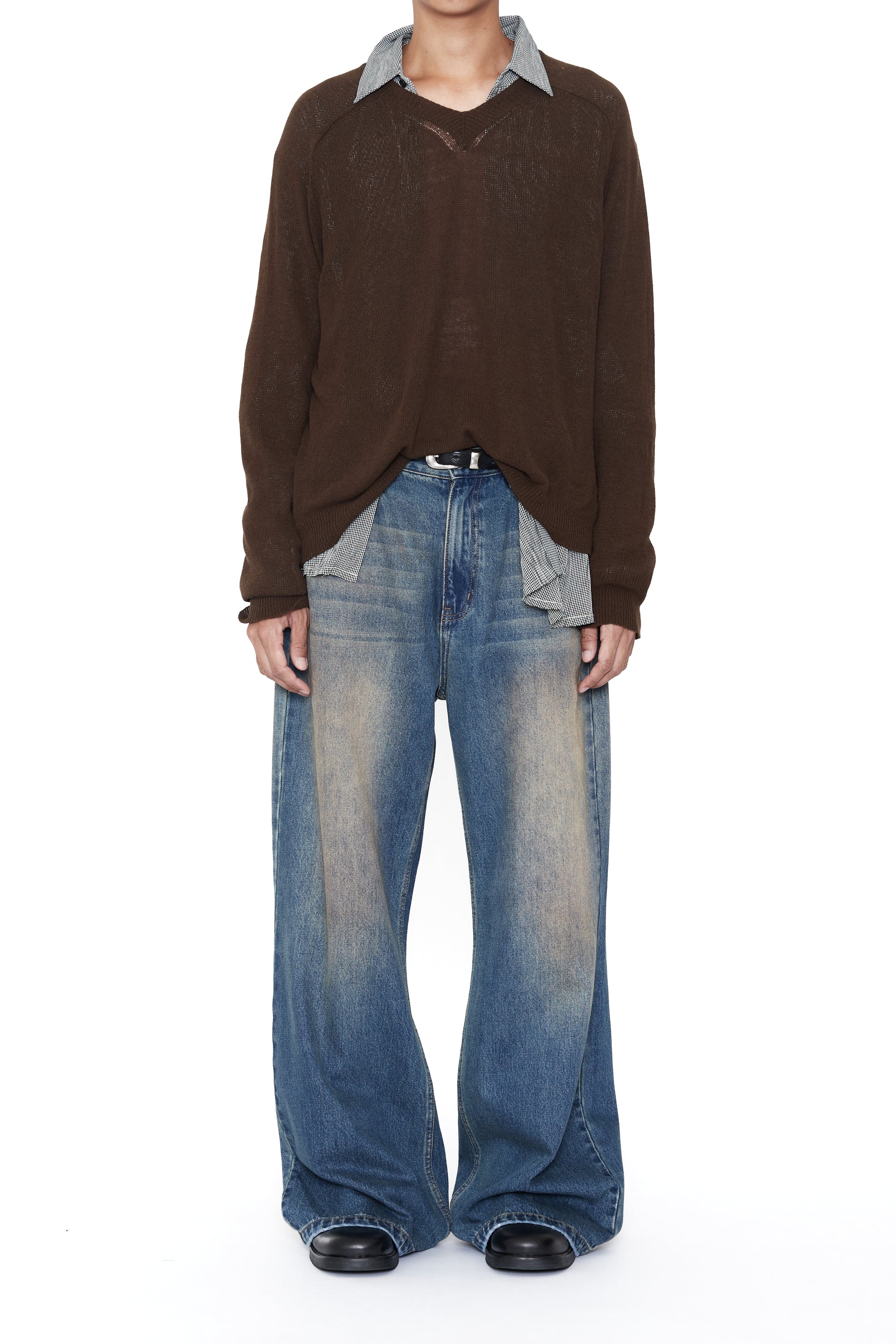 FADED DIRTY INDIGO WASHED BREAK CUT WIDE FLARED JEANS