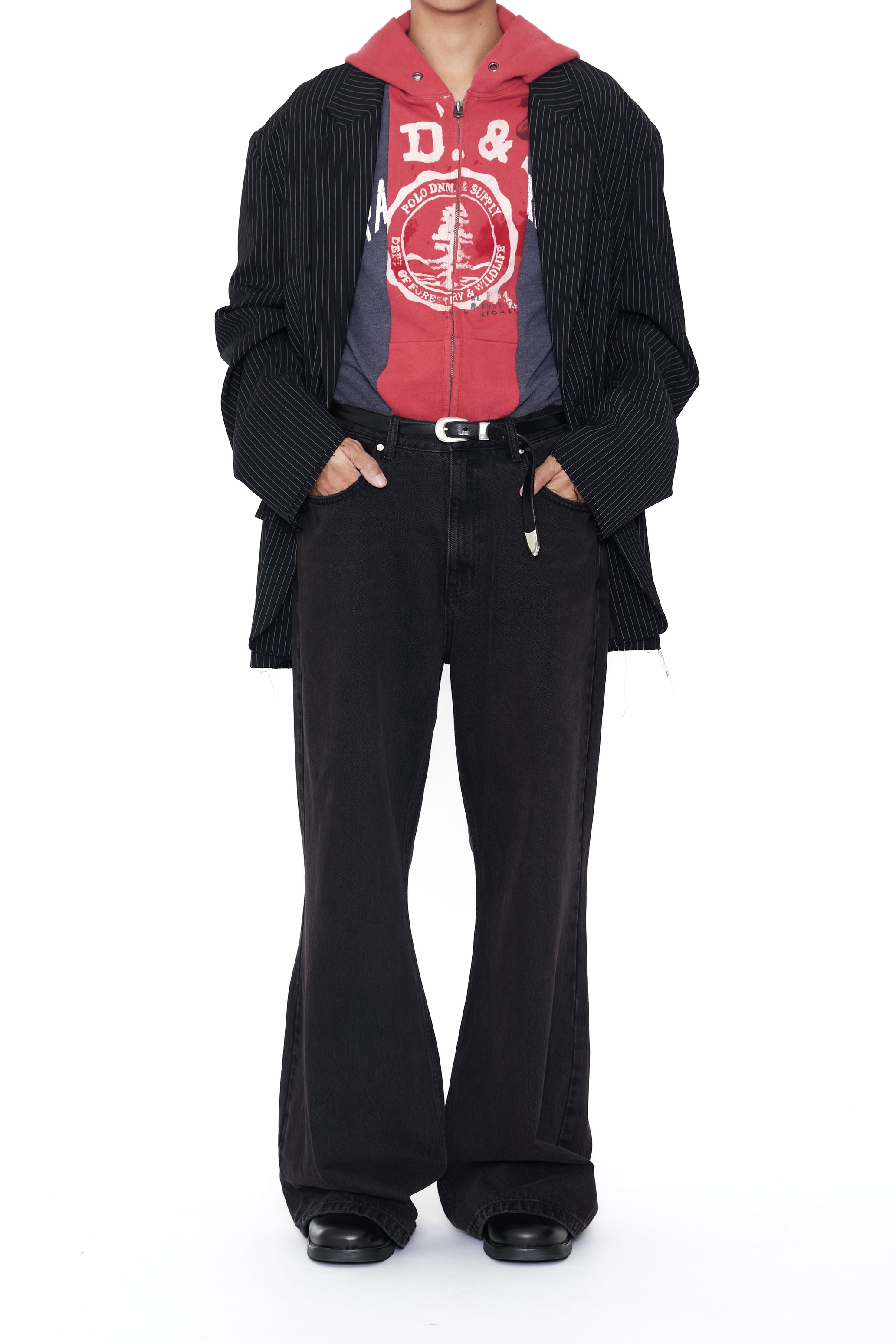 BLACK WASHED BREAK CUT WIDE FLARED JEANS
