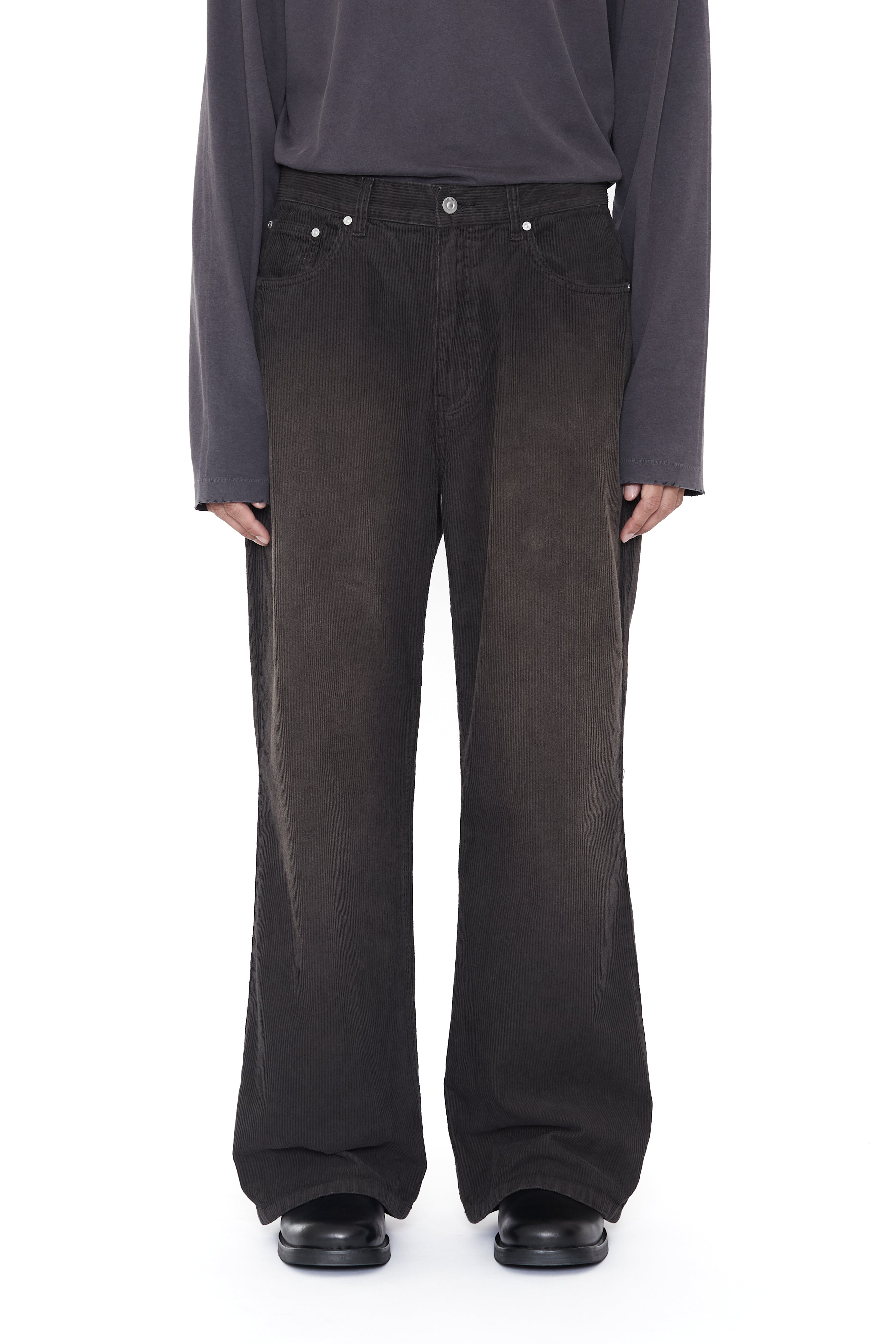 Load image into Gallery viewer, GREY WASHED CORDUROY BREAK CUT FLARED PANTS
