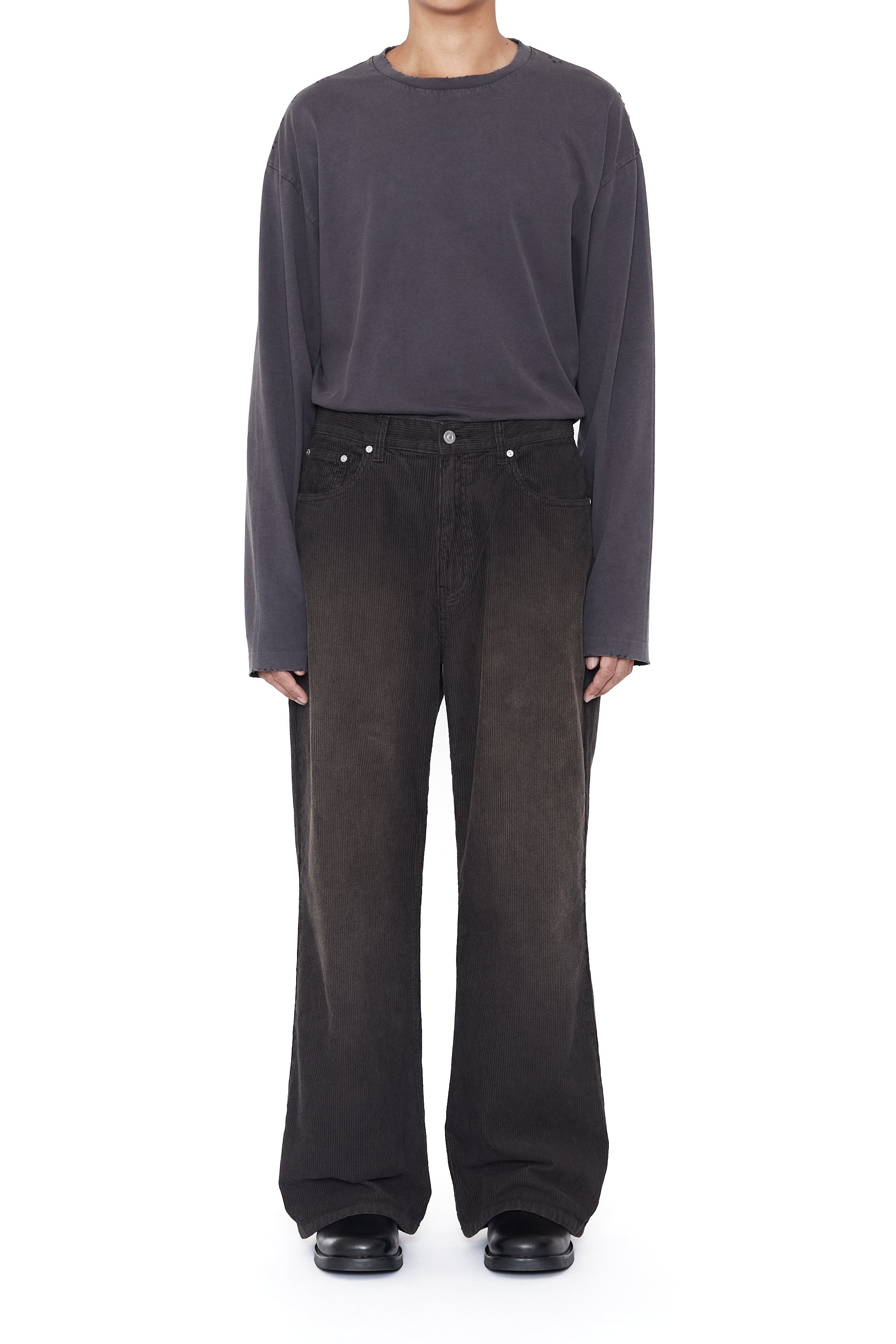 GREY WASHED CORDUROY BREAK CUT FLARED PANTS