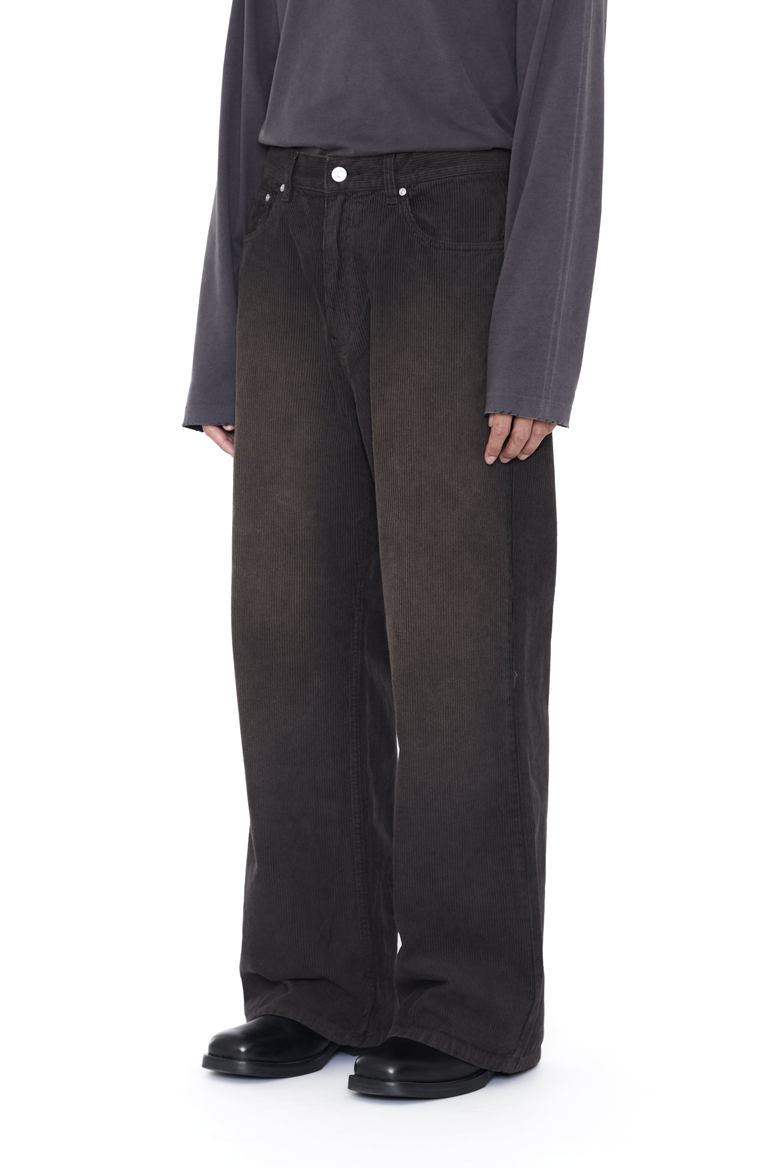 Load image into Gallery viewer, GREY WASHED CORDUROY BREAK CUT FLARED PANTS
