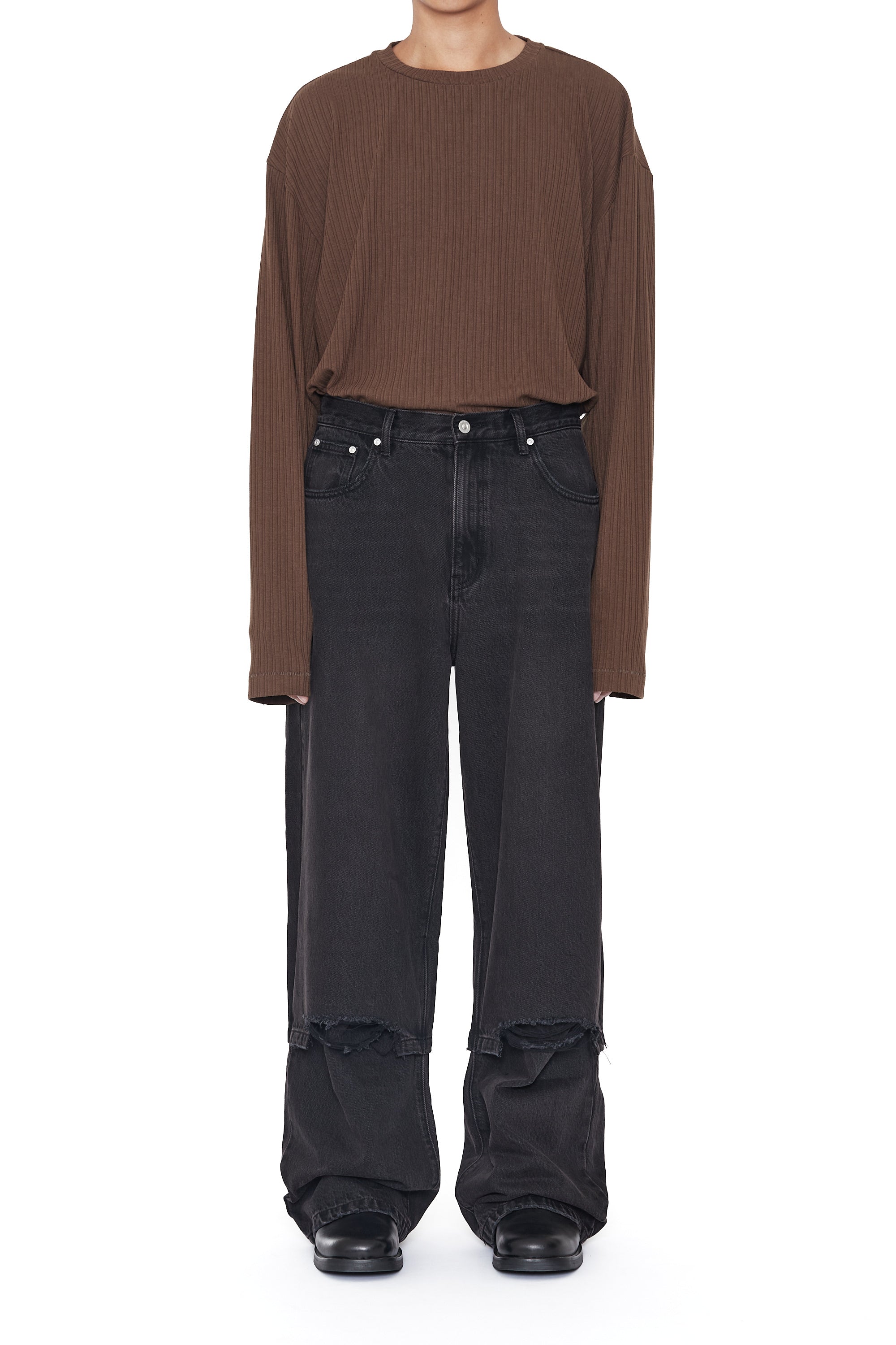 Load image into Gallery viewer, BLACK WASHED LAYERED HYBRID BREAK CUT JEANS

