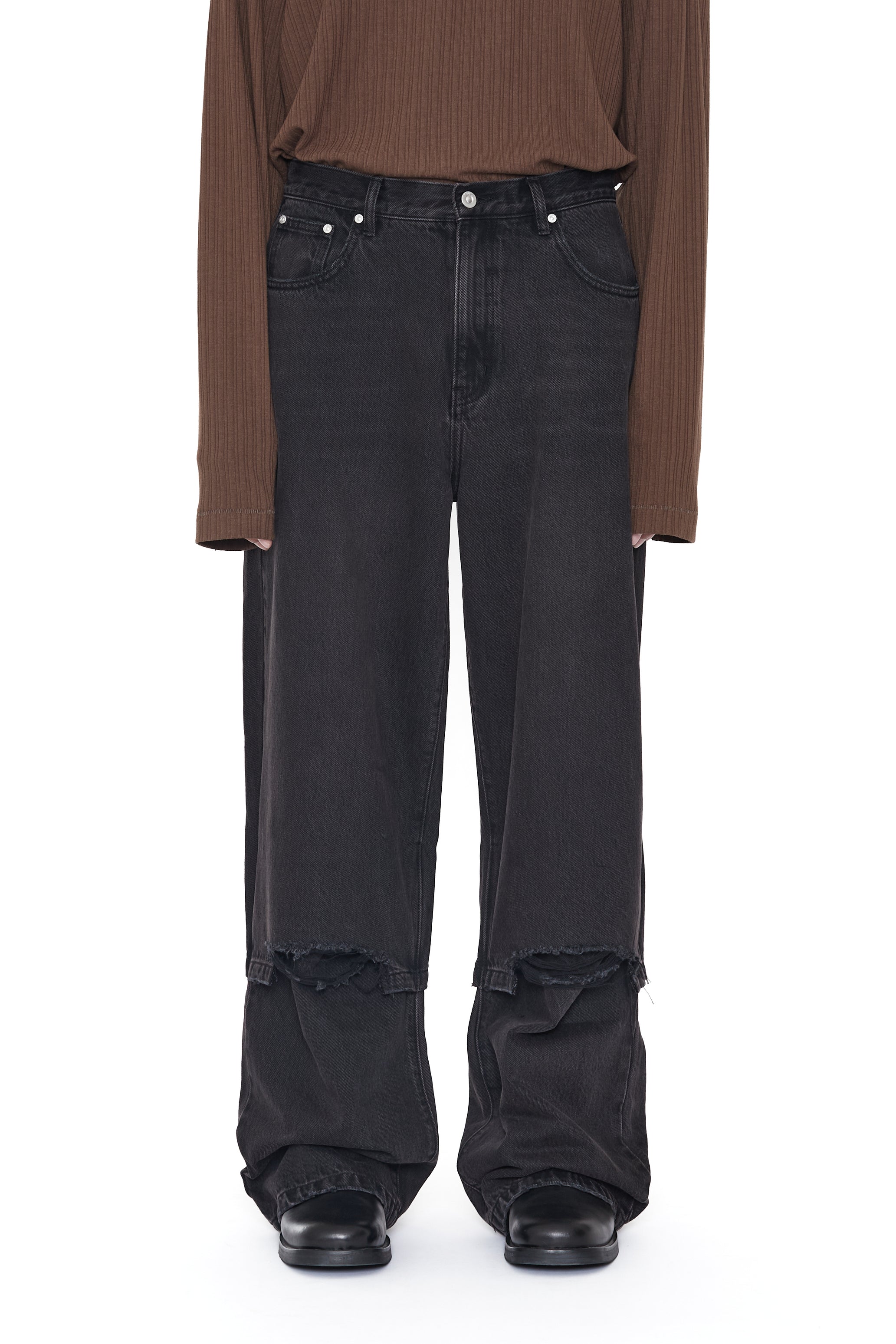 BLACK WASHED LAYERED HYBRID BREAK CUT JEANS