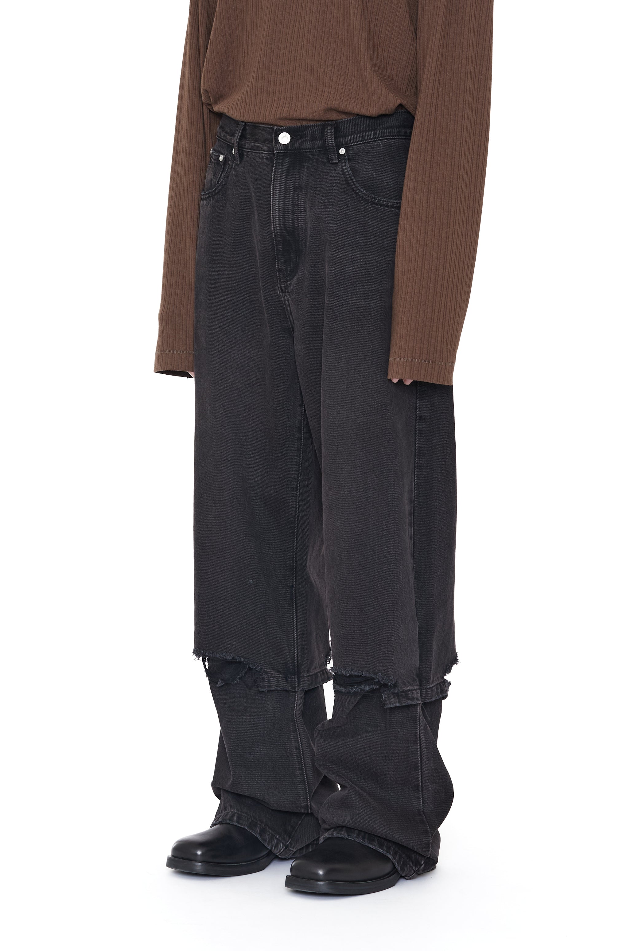 BLACK WASHED LAYERED HYBRID BREAK CUT JEANS