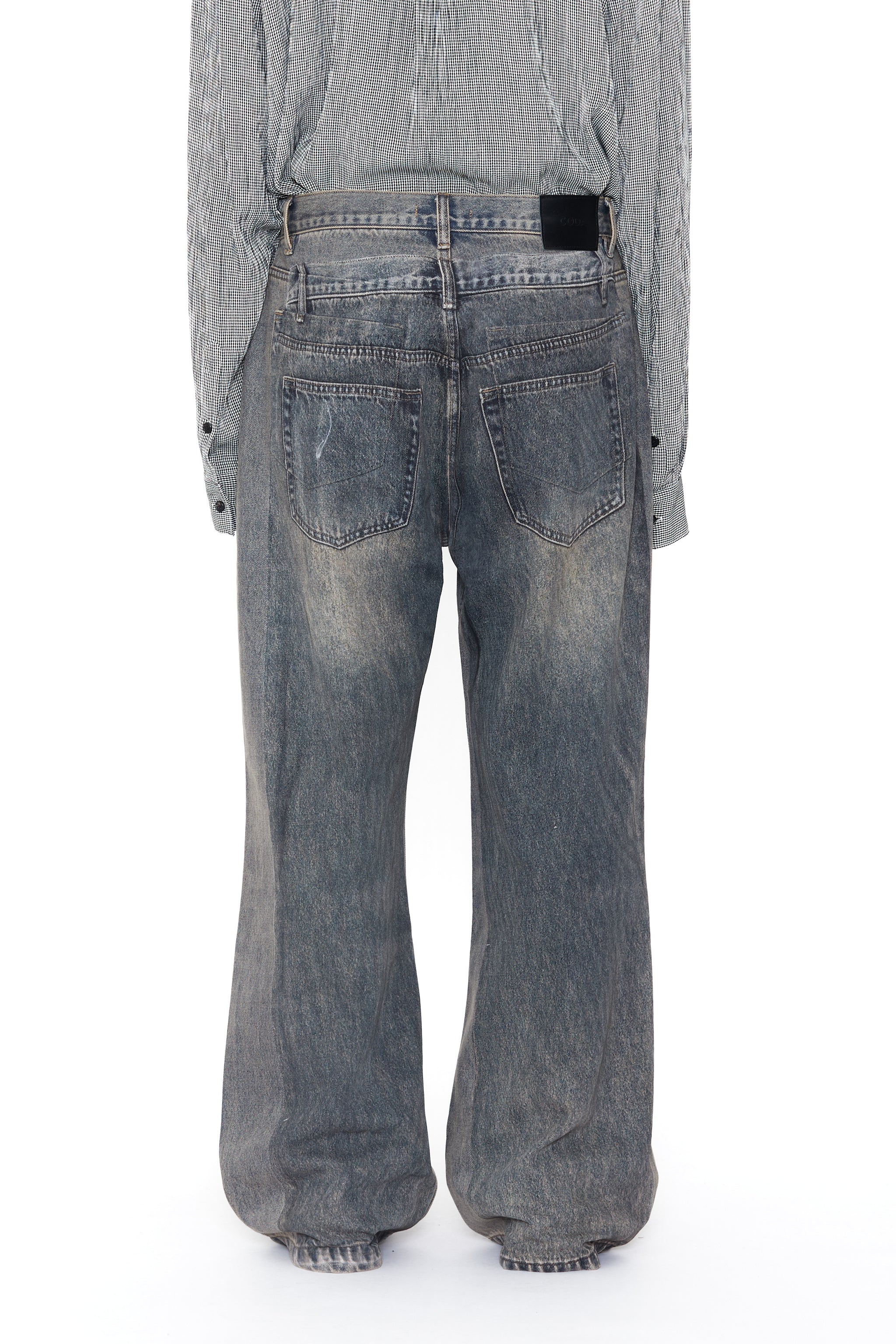 CODA GREY ACID WASH DUAL EXPOSURE BREAK CUT FLARED JEANS