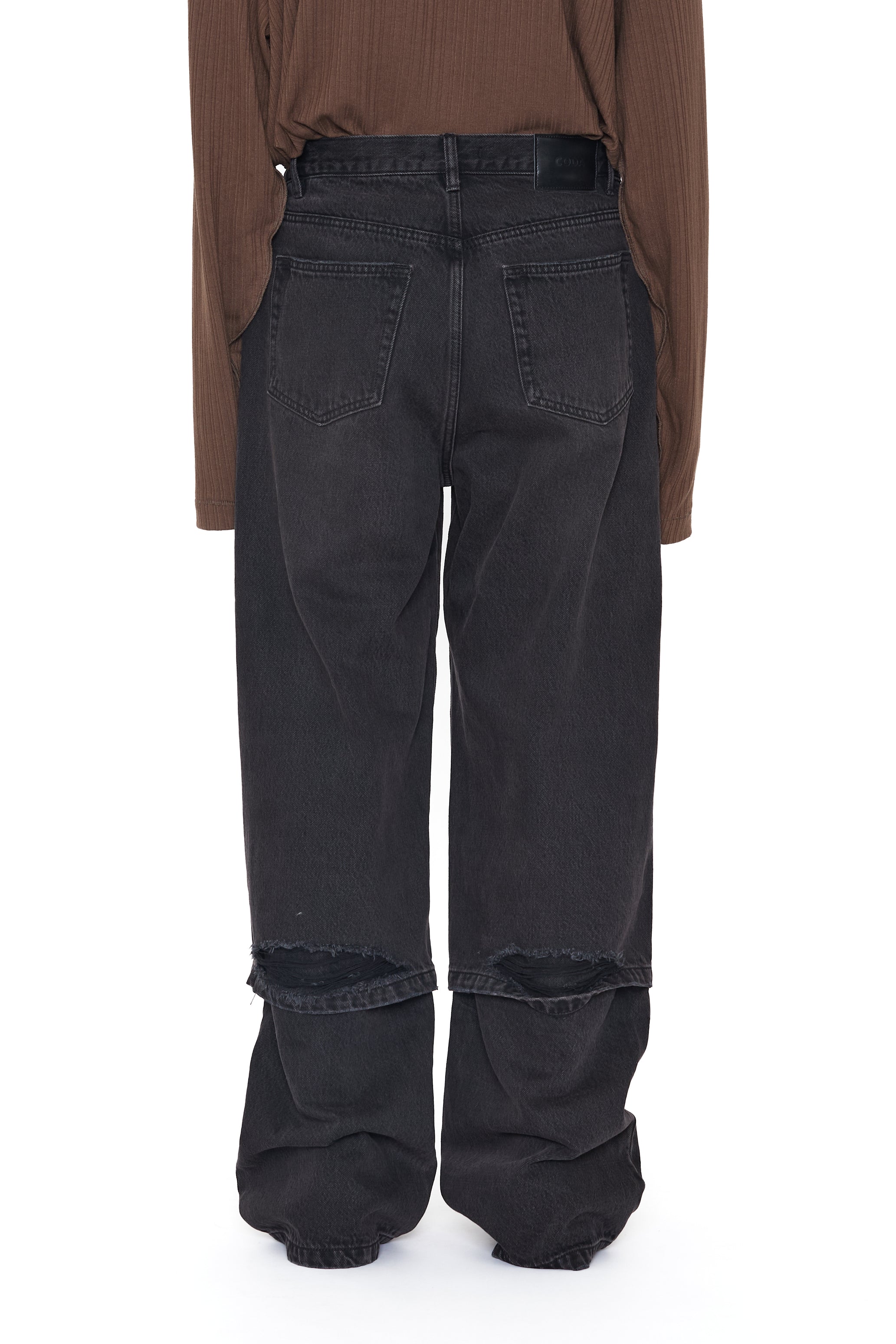 BLACK WASHED LAYERED HYBRID BREAK CUT JEANS
