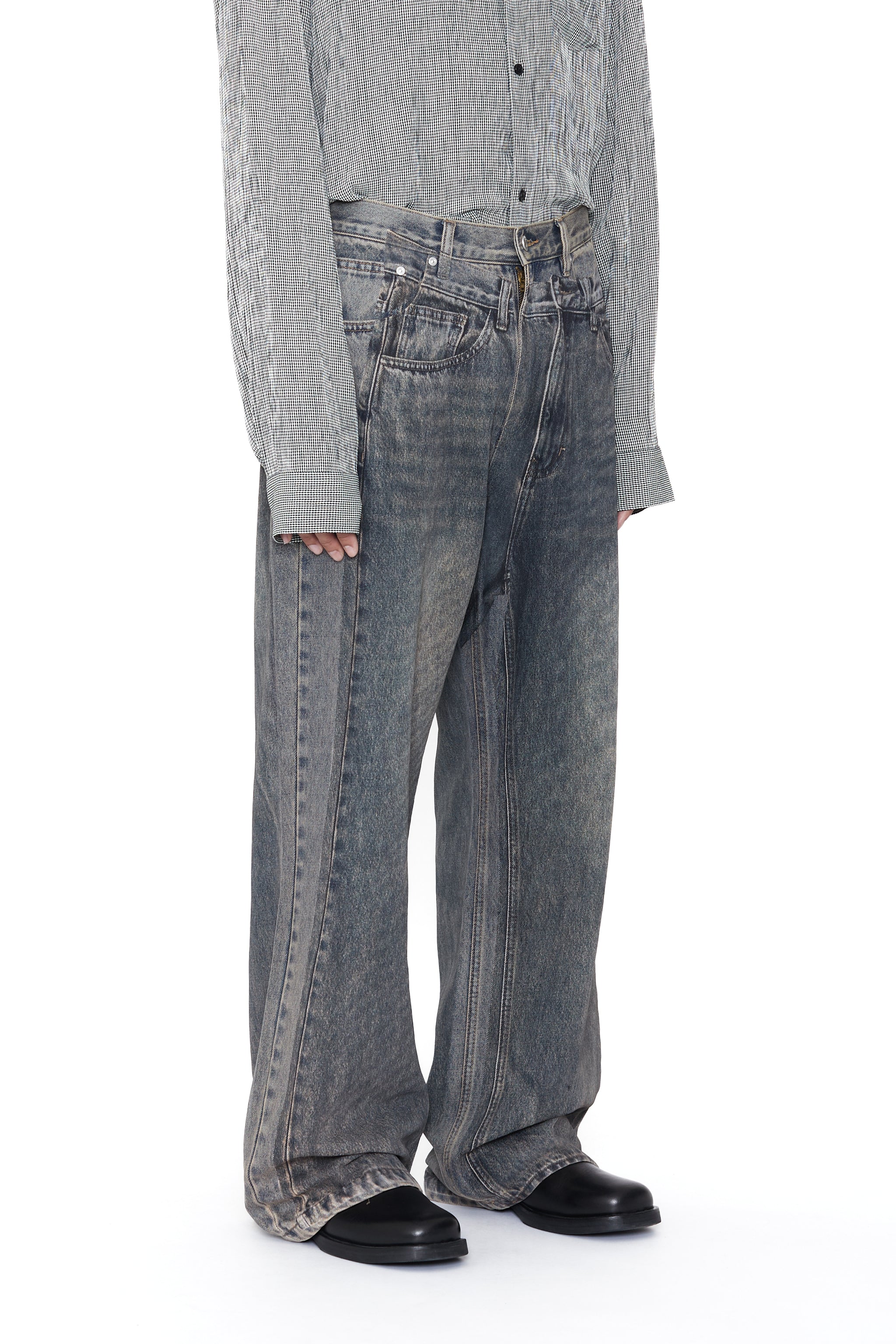 CODA コーダ ACID WASHED DISTRESSED EXTENDED CUT FLARED JEANS アシッドウォッシュドディストレストエクステンデッドカットフレアードデニムパンツ GKS-75060 グレー 2 CODA GREY ACID WASH DUAL EXPOSURE BREAK CUT FLARED JEANS