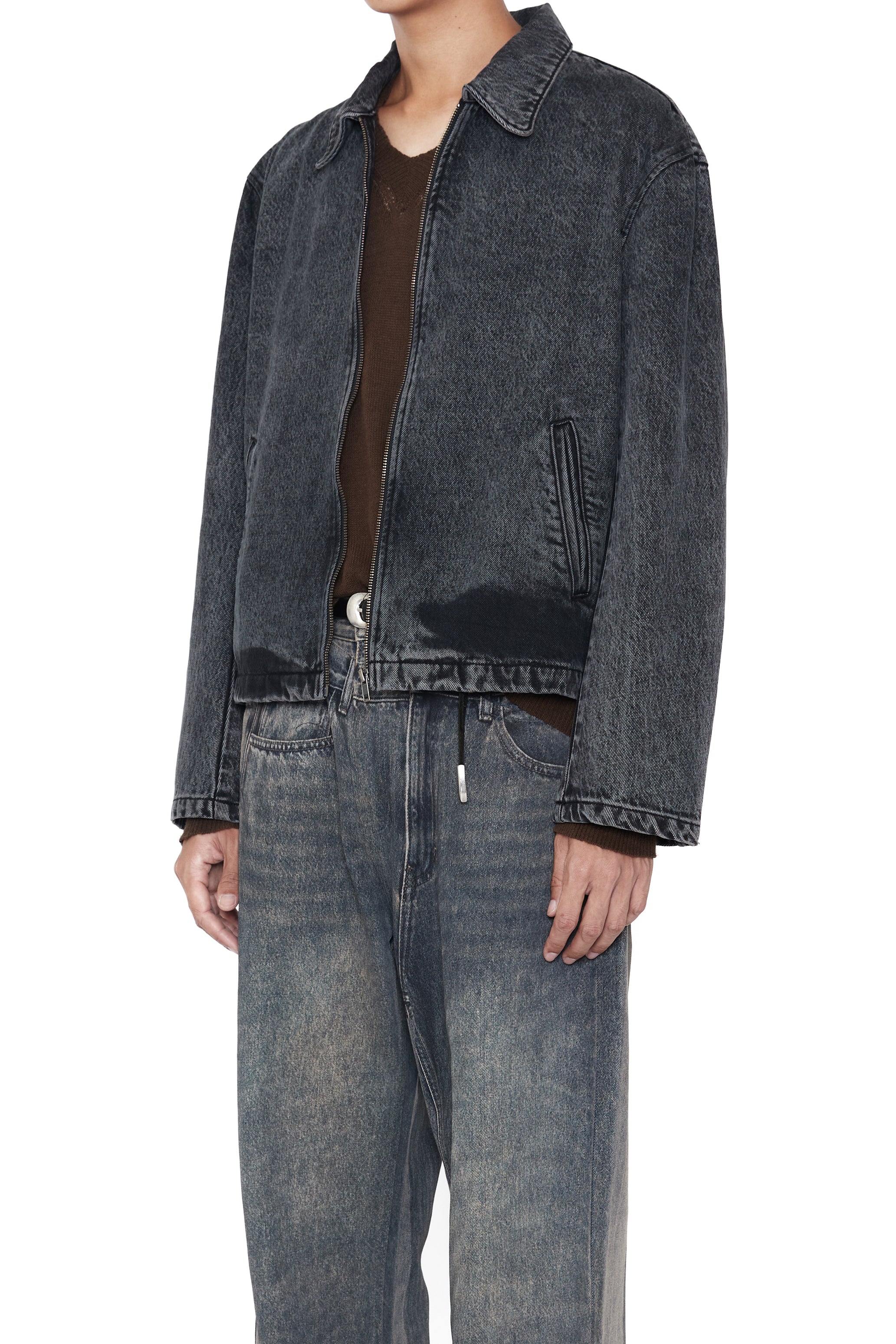 BLACK ACID WASHED DENIM TILT ZIP JACKET