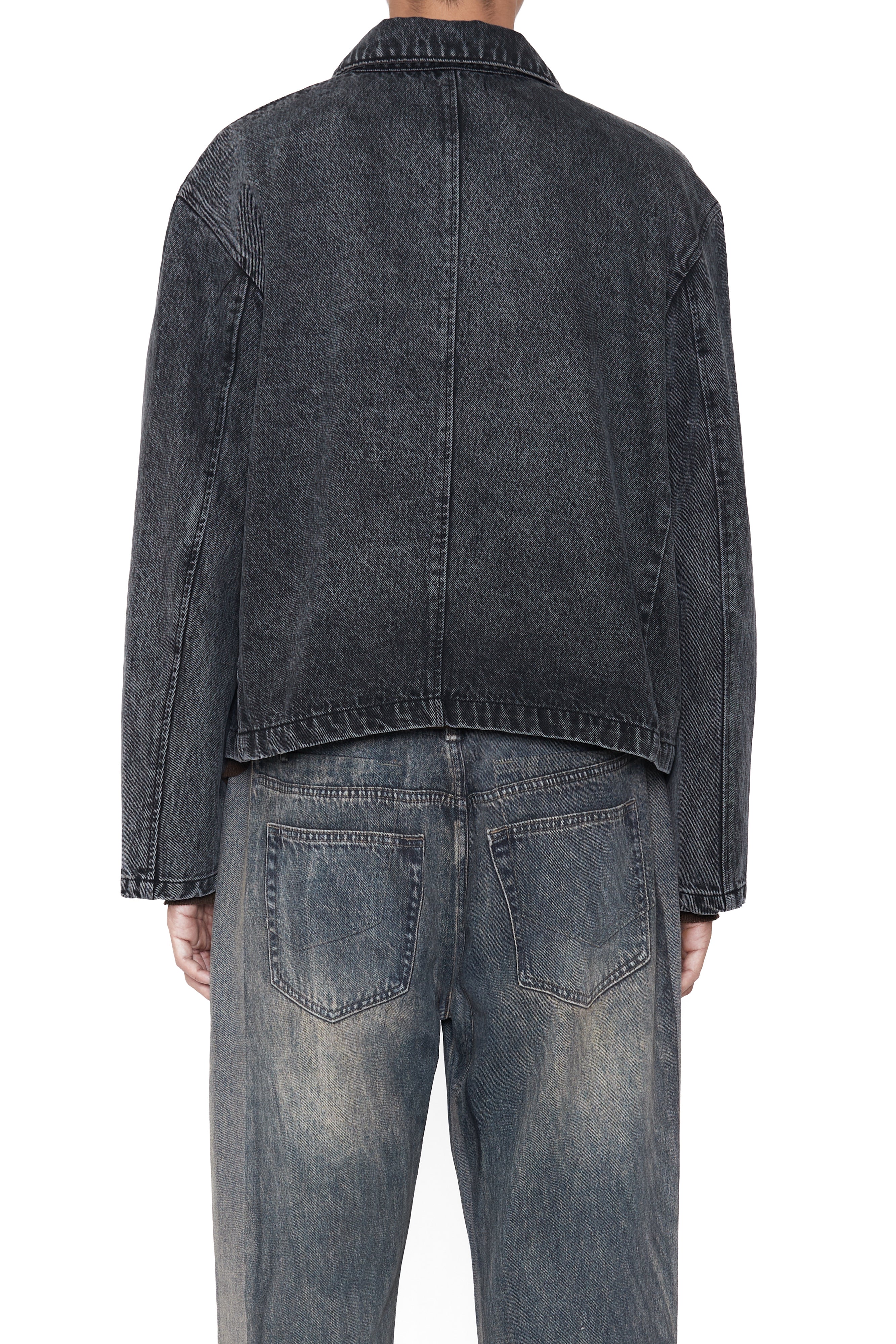 Load image into Gallery viewer, BLACK ACID WASHED DENIM TILT ZIP JACKET
