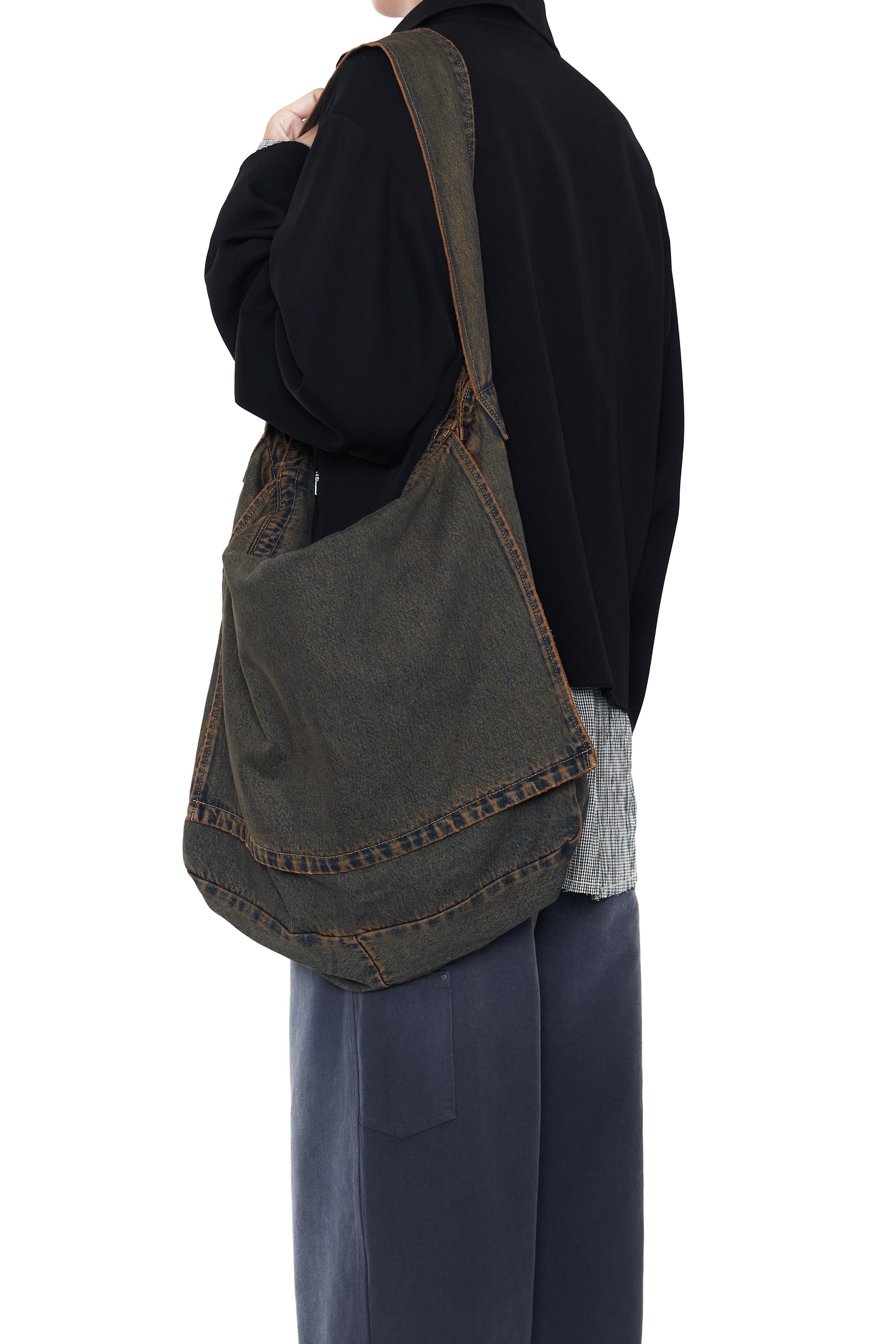 BLACK BROWN WASH DENIM CROSS BODY BAG