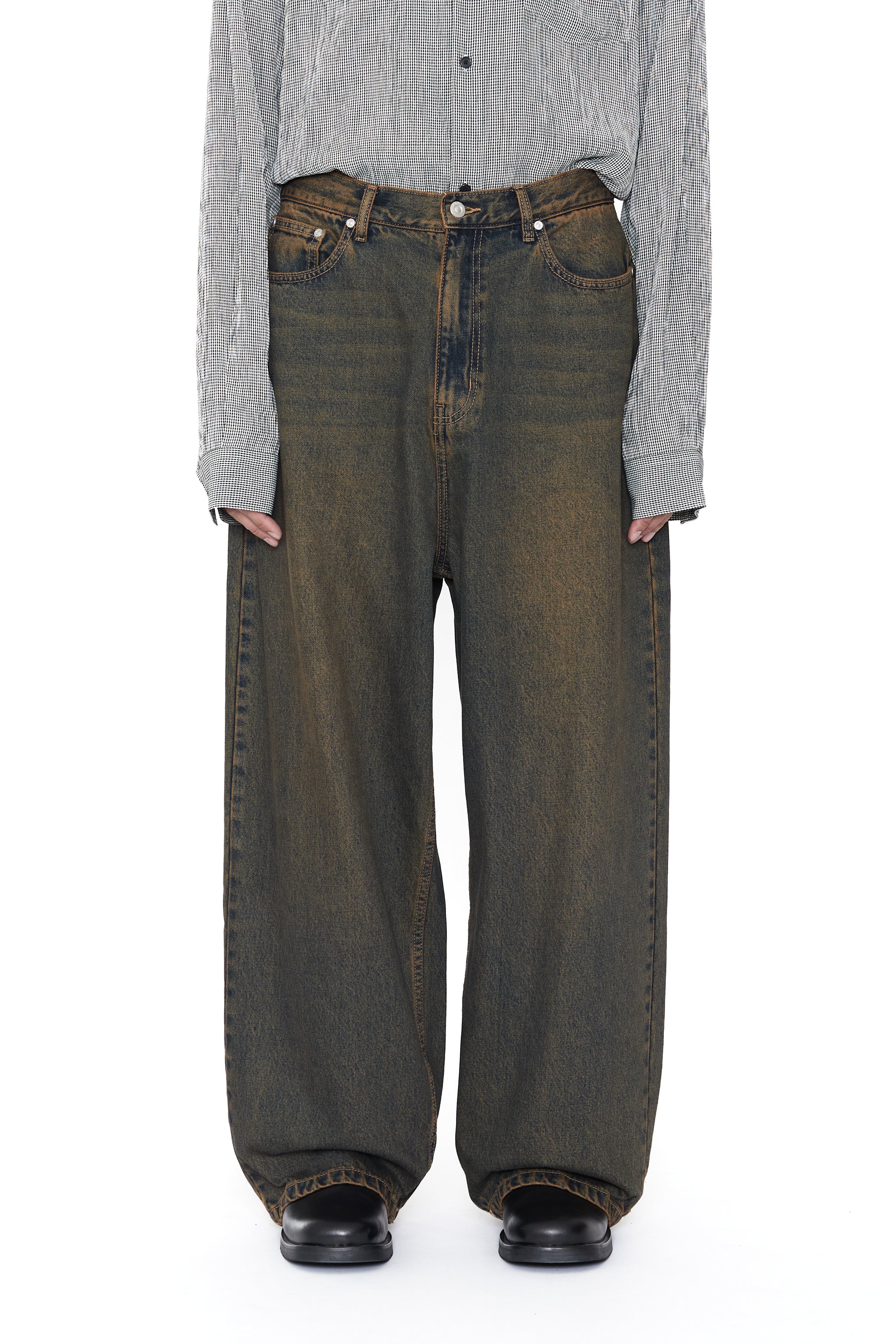 BLACK BROWN WASHED DISTRESSED EXTENDED CUT LUFT JEANS