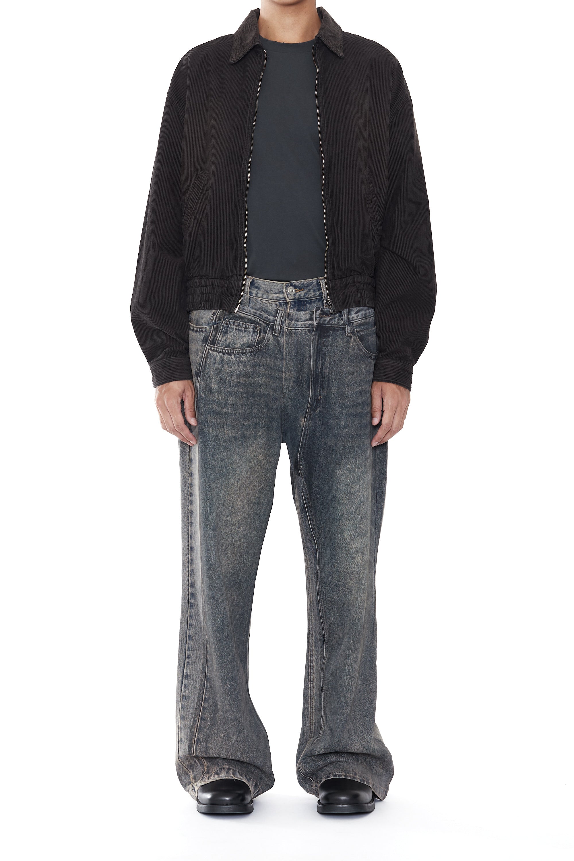 GREY WASHED CORDUROY SHRUNKEN TRACK JACKET