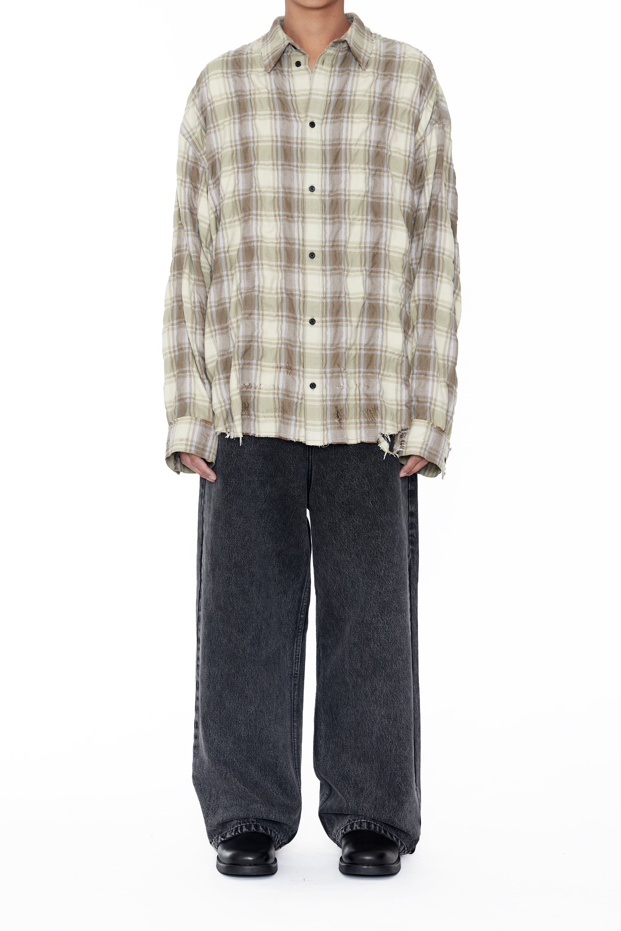YELLOW BROWN CHECKED WASHED THRASHED STRUCTURED SHIRT