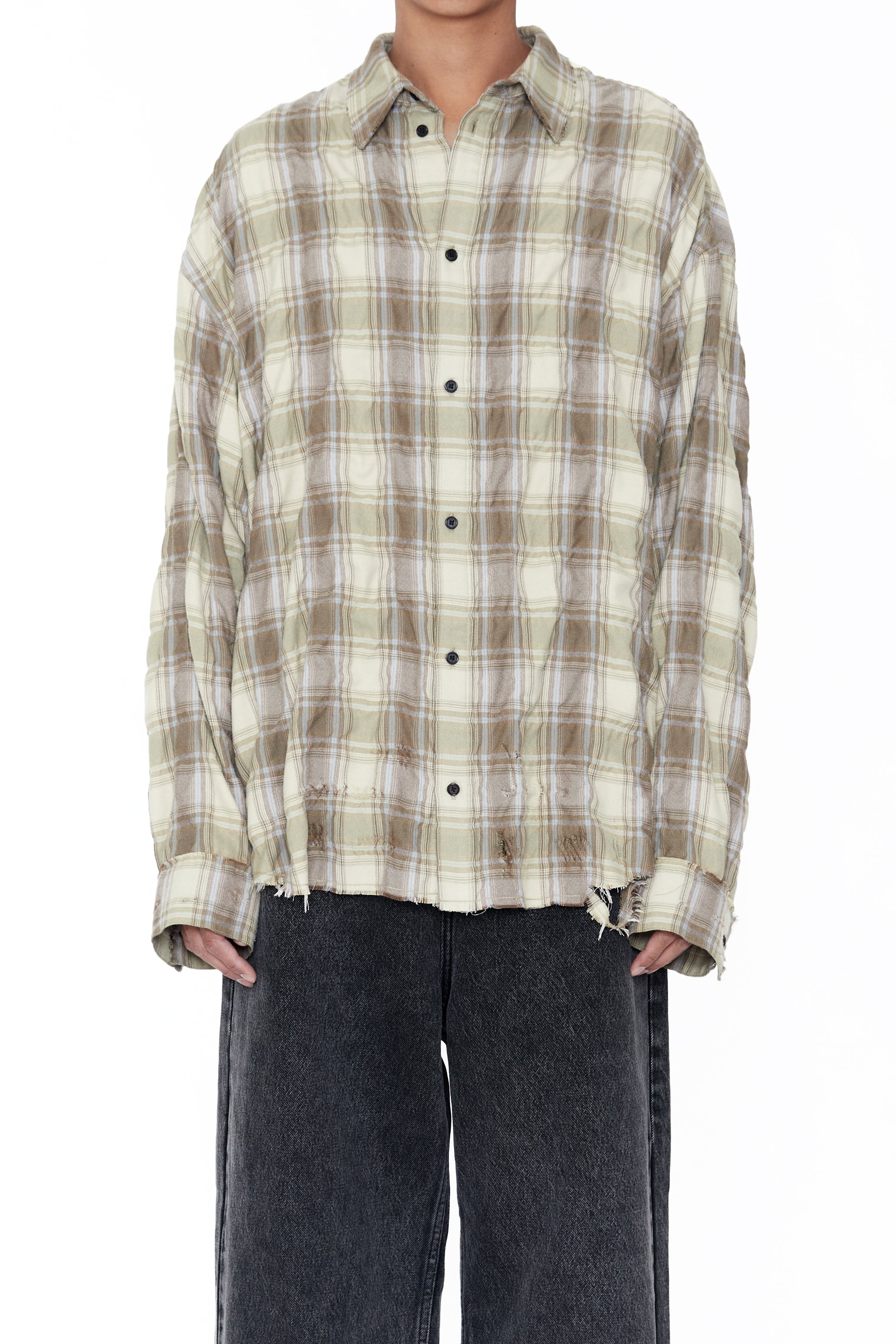 YELLOW BROWN CHECKED WASHED THRASHED STRUCTURED SHIRT