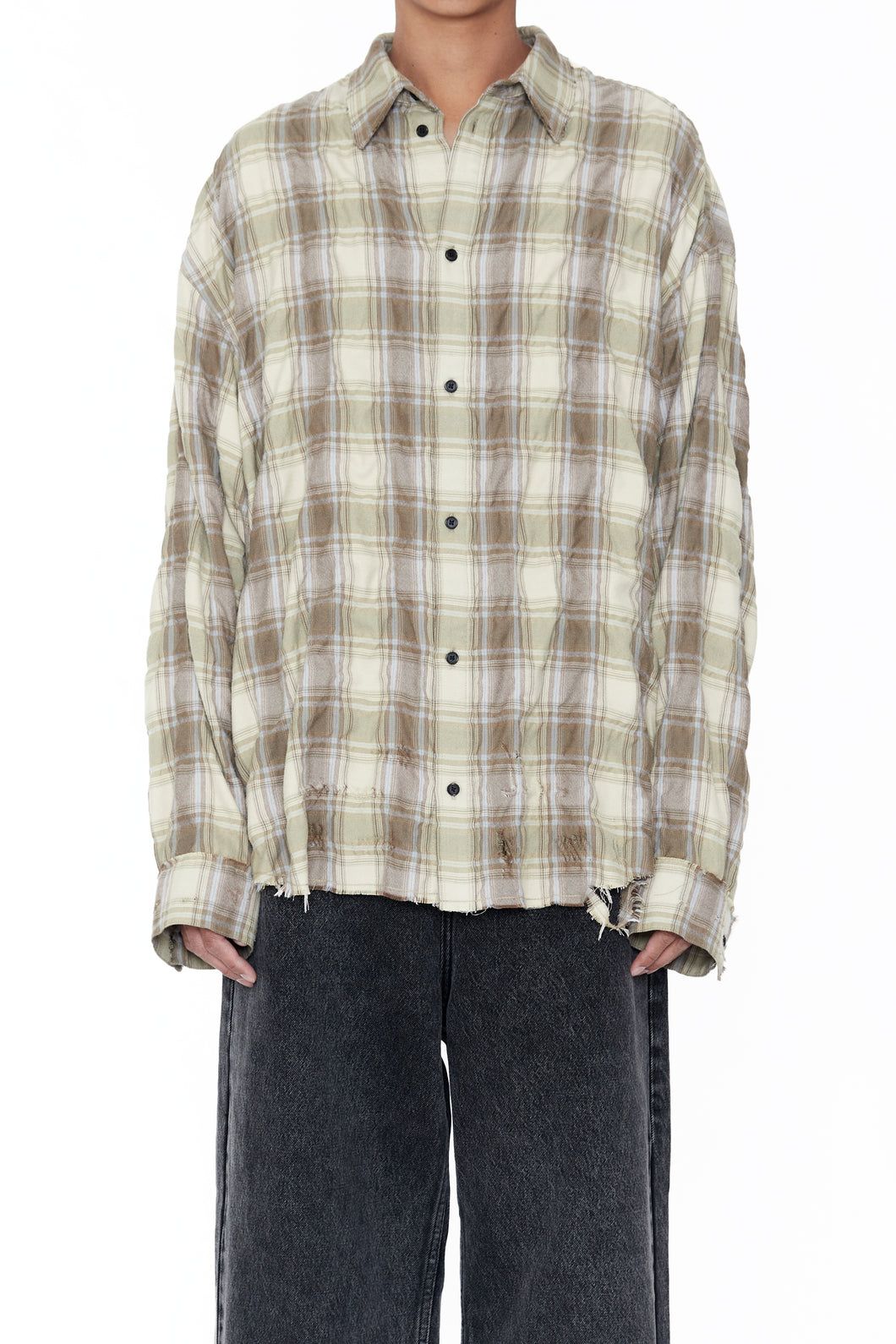 YELLOW BROWN CHECKED WASHED THRASHED STRUCTURED SHIRT
