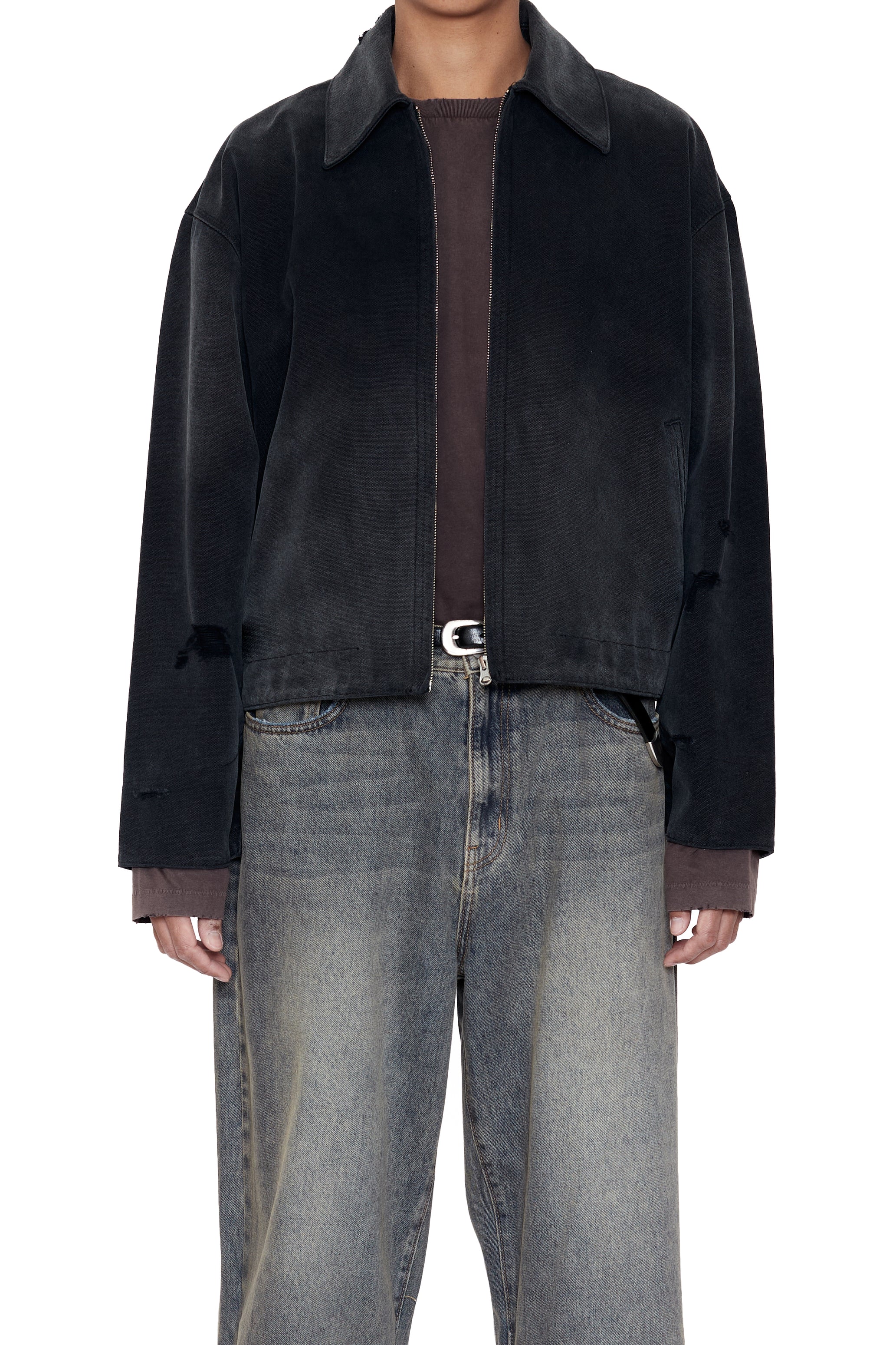 FADED BLACK DAMAGED CANVAS CREW JACKET