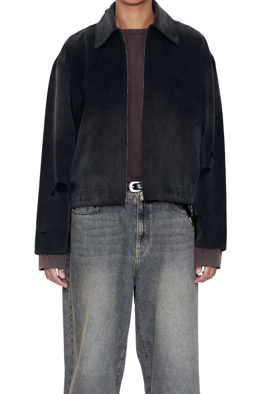 FADED BLACK DAMAGED CANVAS CREW JACKET